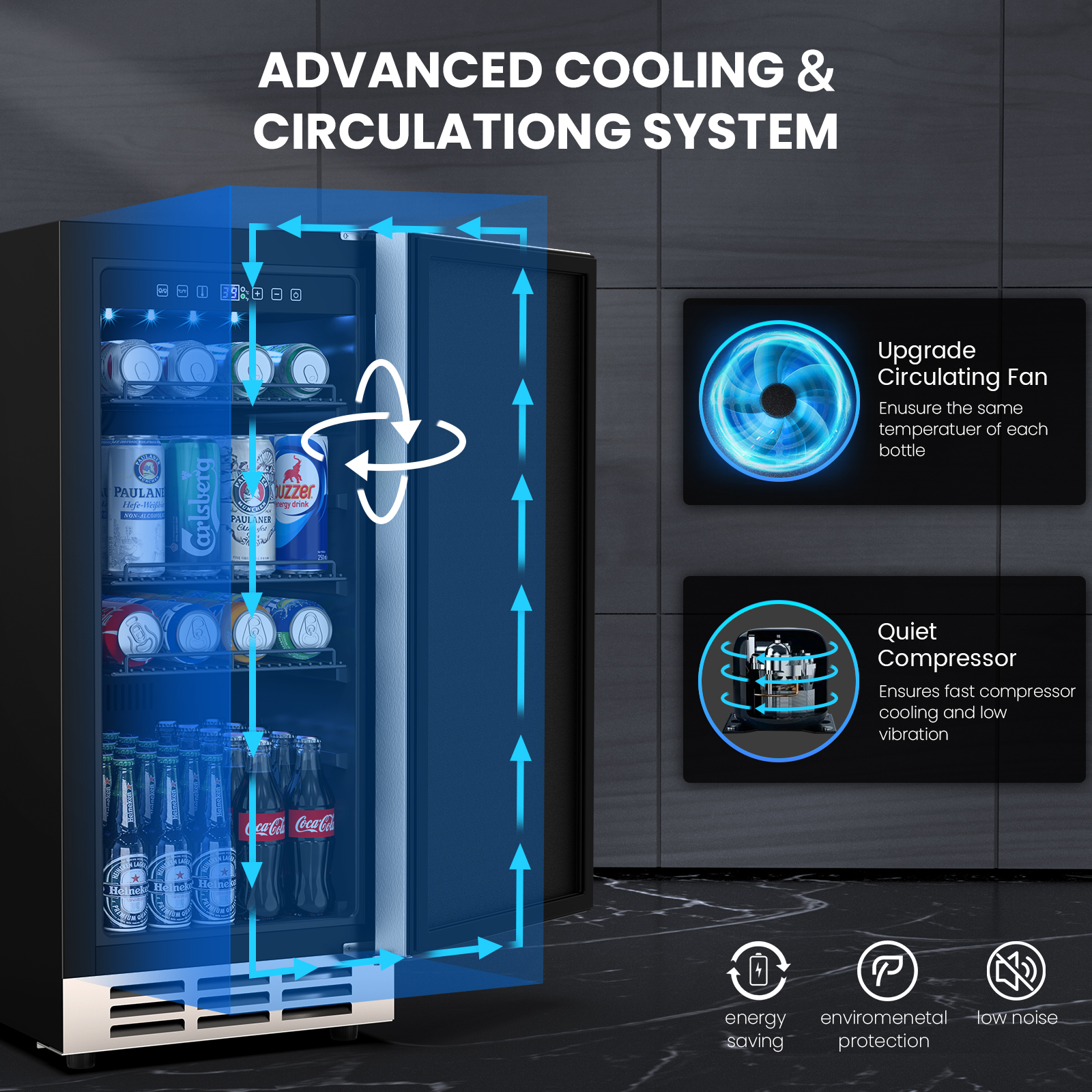 Beverage fridge with advanced cooling and circulation system. Features an upgraded circulating fan for even cooling, quiet compressor for low noise, stocked shelves, and icons for energy saving and eco-friendliness.