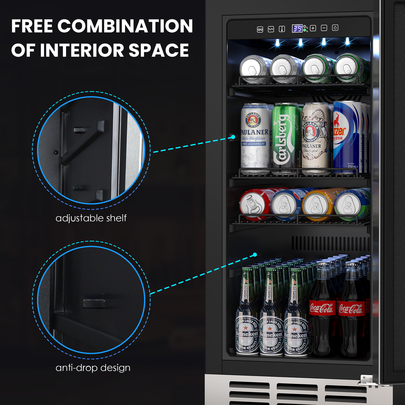 Beverage fridge interior with adjustable shelves and anti-drop design. Shelves stocked with bottles and cans, showcasing flexible storage options and LED lighting for optimal organization and visibility.