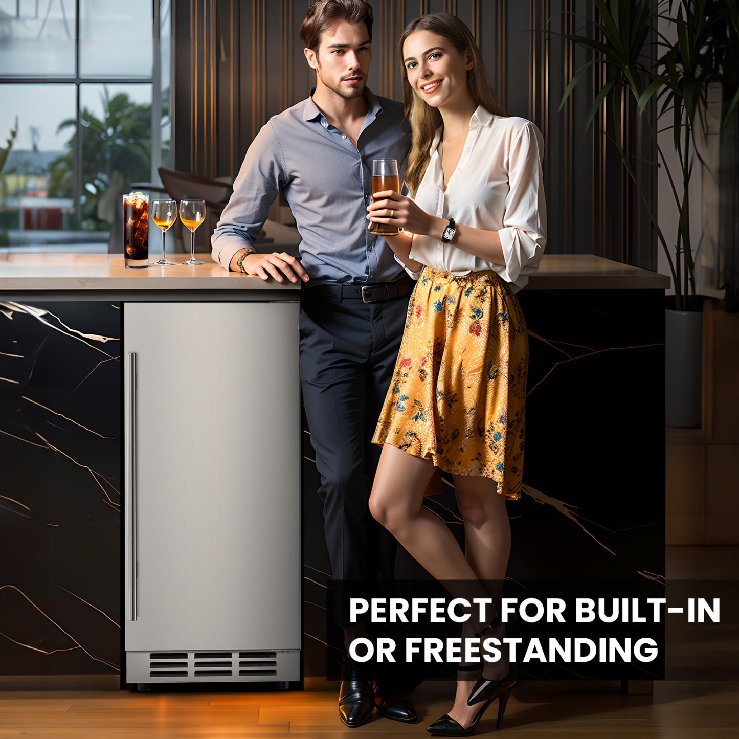 Stylish couple standing next to a sleek 15-inch stainless steel beverage fridge, built into a modern kitchen counter. Text highlights its versatility for built-in or freestanding installation.