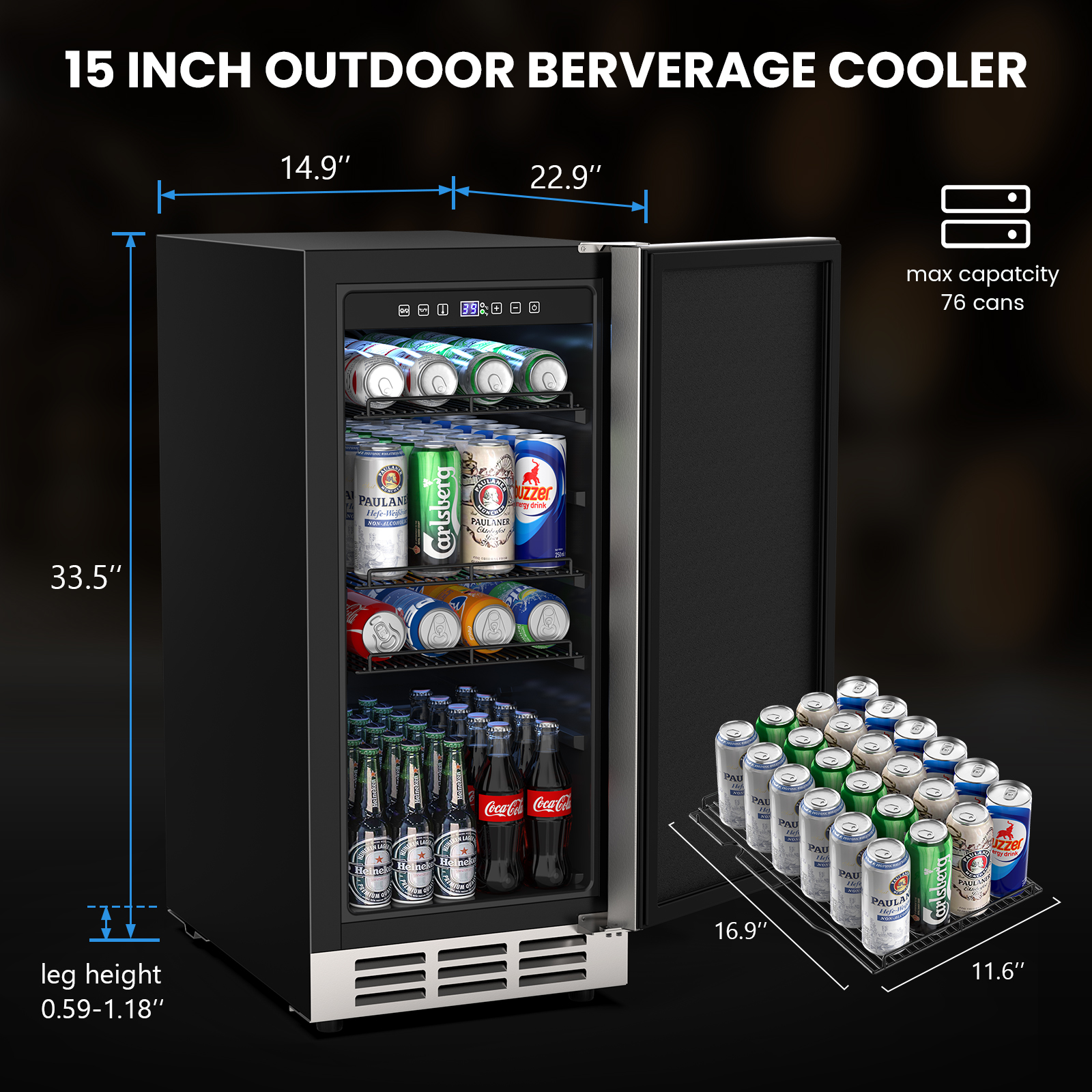 15-inch outdoor beverage cooler with open door, showcasing stocked shelves of cans and bottles. Dimensions (14.9"W x 22.9"D x 33.5"H), max capacity of 76 cans, adjustable leg height, and sleek design.