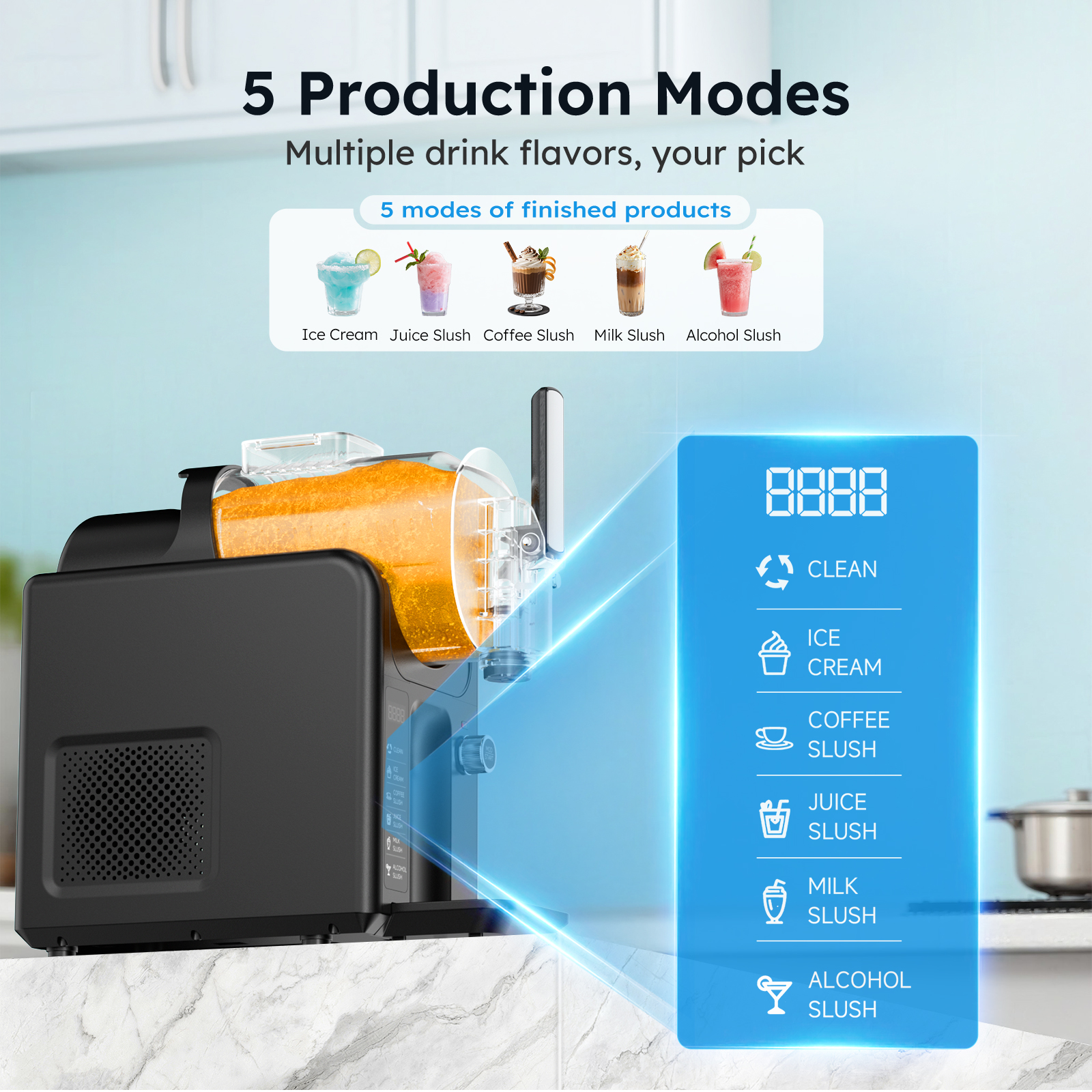 Choose from 5 production modes on the Mojgar slushy machine, including Ice Cream, Juice Slush, Coffee Slush, Milk Slush, and Alcohol Slush for a variety of flavors.