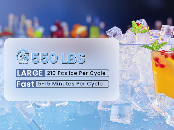 550 lbs commercial ice maker showcasing high efficiency, producing 210 ice cubes per 5-15 minutes cycle, with a vibrant backdrop and a glass of fruit-infused drink surrounded by ice cubes.