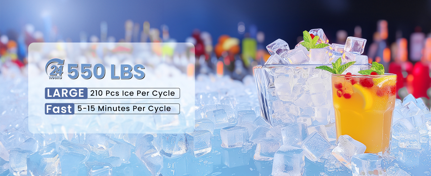 550 lbs commercial ice maker showcasing high efficiency, producing 210 ice cubes per 5-15 minutes cycle, with a vibrant backdrop and a glass of fruit-infused drink surrounded by ice cubes.