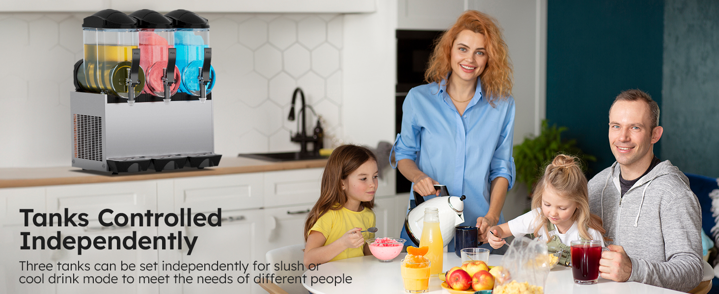 Mojgar slush machine control panel with easy-to-use A/B/C tank selectors, allowing independent slush or cold drink settings for each tank. Features main power switch and individual tank stirrer controls for simple operation.