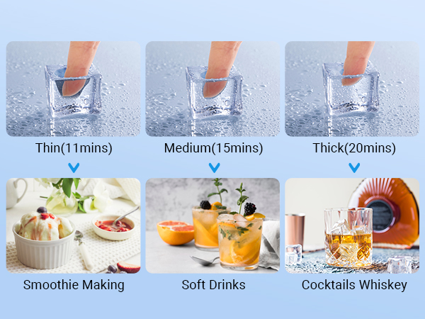 Ice maker with options for thin (11 mins), medium (15 mins), and thick (20 mins) ice cubes, suitable for smoothie making, soft drinks, and cocktails/whiskey.