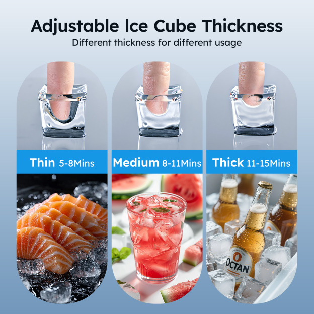 Adjustable ice cube thickness with options for thin (5-8 mins), medium (8-11 mins), and thick (11-15 mins) cubes. Perfect for different uses like serving sushi, drinks, and bottles.