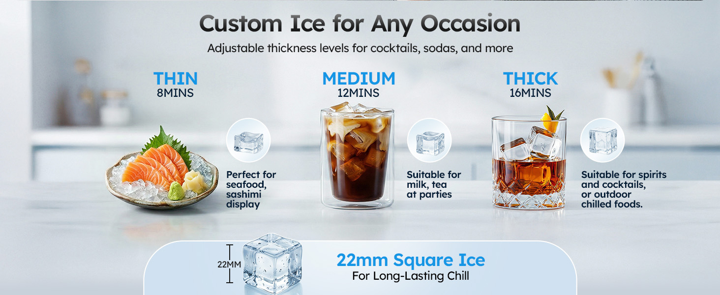 {"default":"Mojgar ice maker adjustable thickness options for cocktails, sodas, and spirits, producing thin, medium, or thick crystal-clear ice cubes."}
