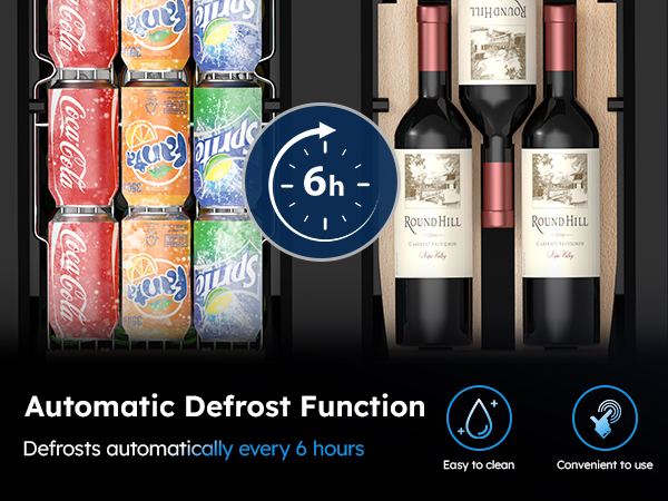 Close-up of a dual-zone wine and beverage cooler with automatic defrost function, defrosting every 6 hours. Features easy-to-clean design and convenient operation for wine bottles and drink cans.