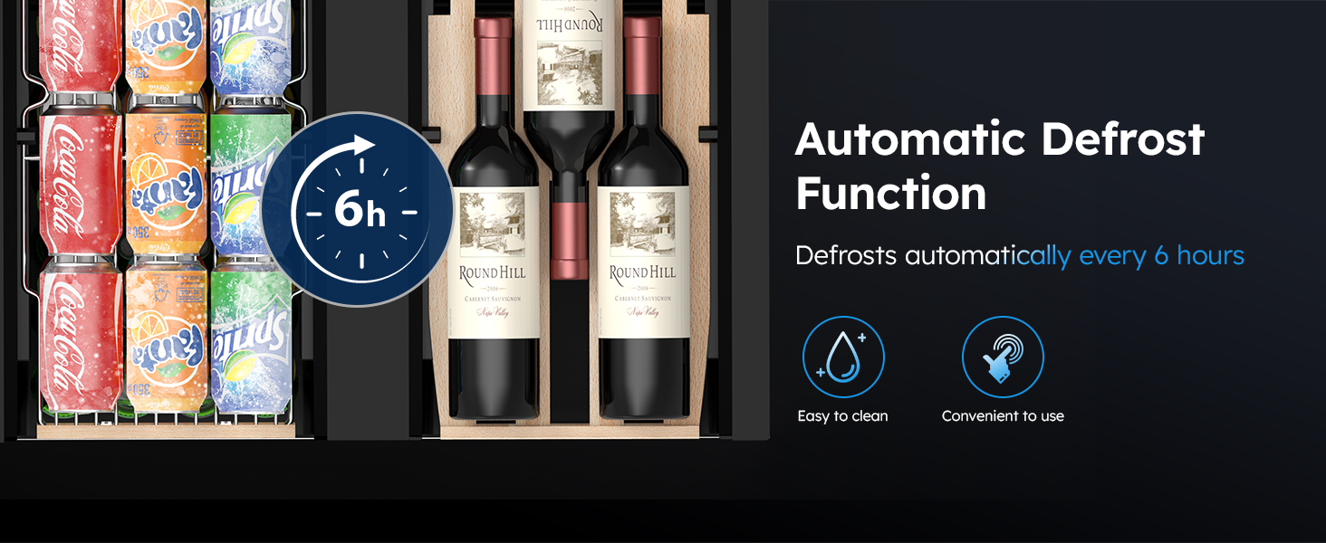 Close-up of a dual-zone wine and beverage cooler with automatic defrost function, defrosting every 6 hours. Features easy-to-clean design and convenient operation for wine bottles and drink cans.