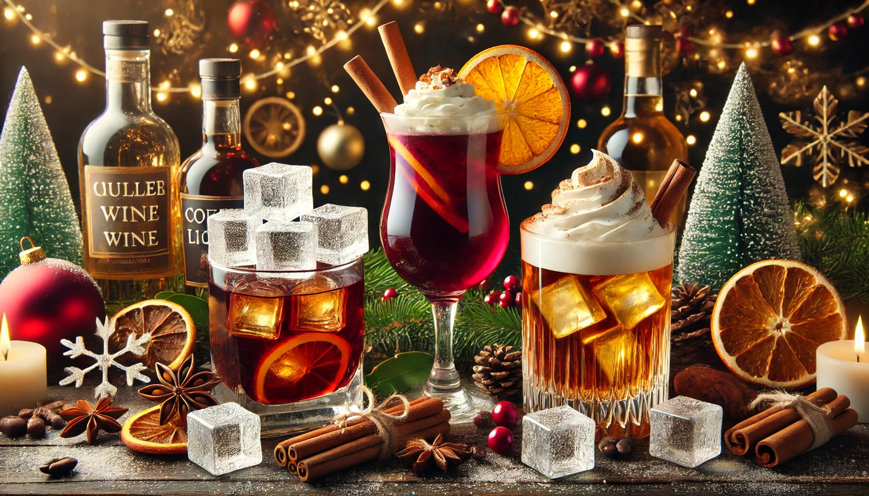 Festive Christmas drinks showcasing crystal-clear square ice cubes from the Mojgar Ice Maker. Includes whiskey on the rocks, mulled wine, and coffee liqueur, surrounded by holiday decor and warm festive lighting.