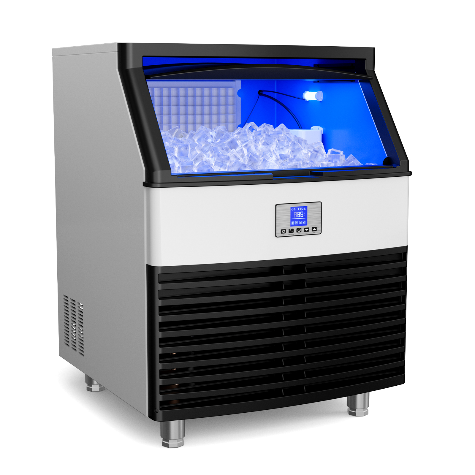 A modern commercial ice maker by Mojgar with a silver body, a transparent glass top showing a pile of ice cubes, blue interior lighting, a black ventilation panel at the bottom, and a digital display screen.