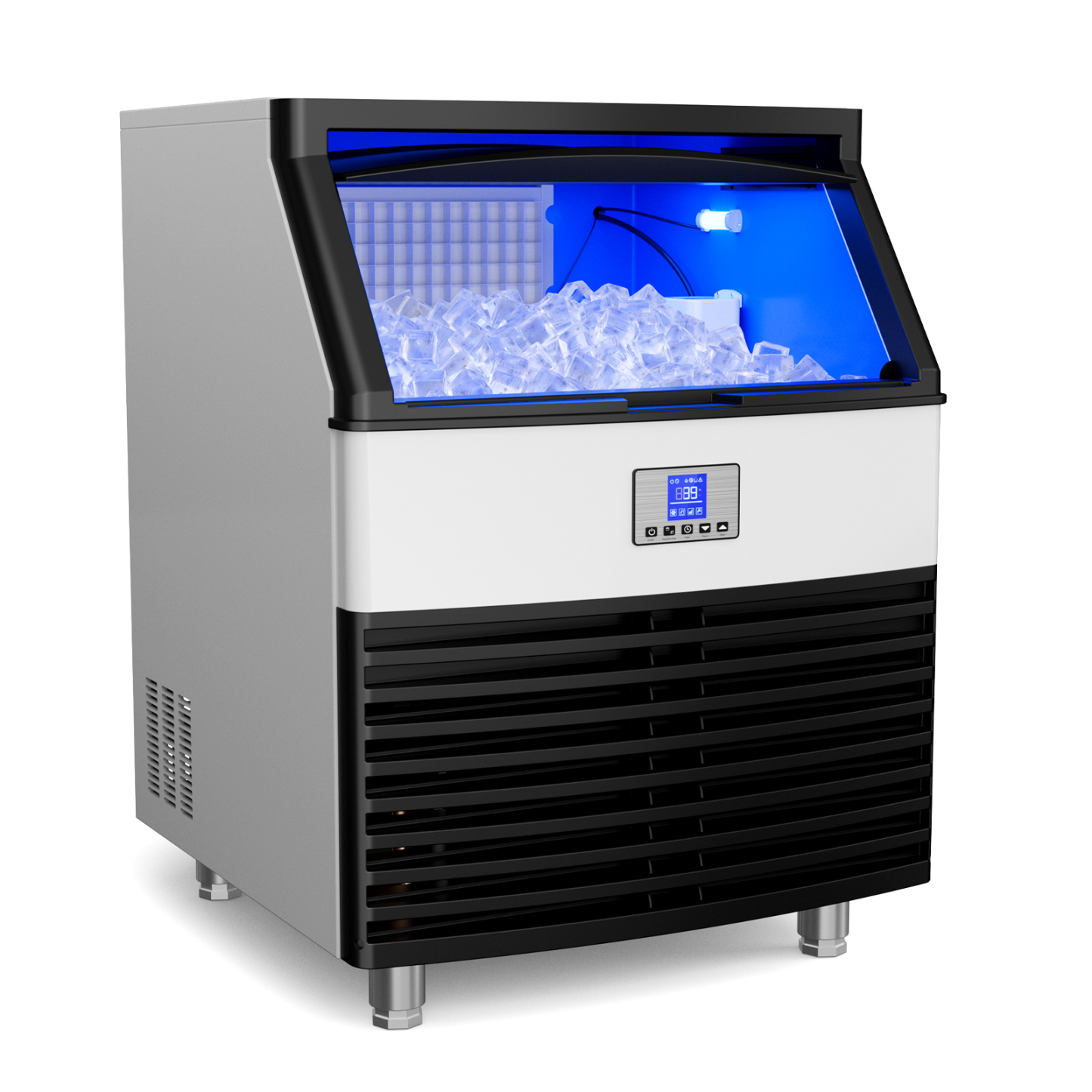 A modern commercial ice maker by Mojgar with a silver body, a transparent glass top showing a pile of ice cubes, blue interior lighting, a black ventilation panel at the bottom, and a digital display screen.