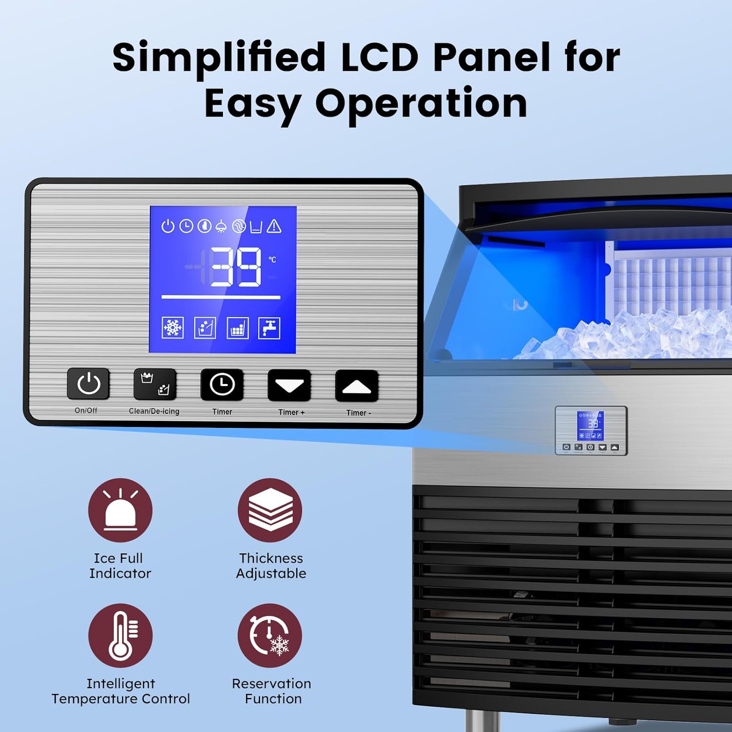Simplified LCD panel for easy operation on a commercial ice machine. Features include ice full indicator, thickness adjustment, intelligent temperature control, and reservation function. Close-up of LCD panel displaying temperature and control buttons for power, cleaning, timer, and thickness adjustment.