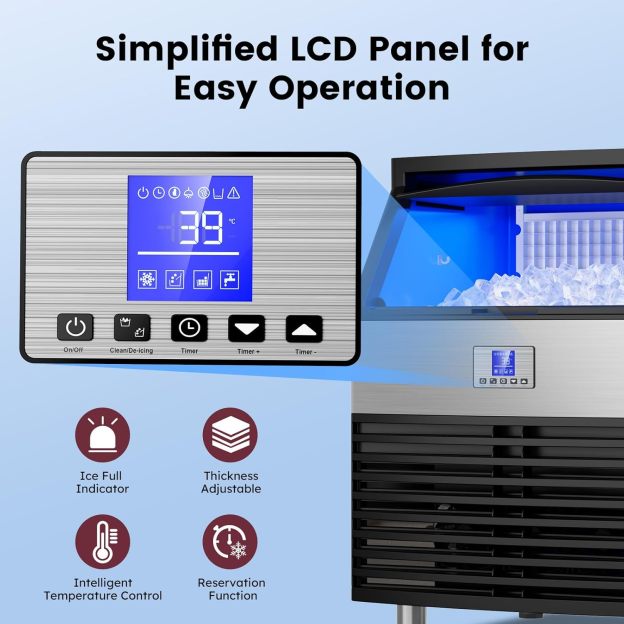 Simplified LCD panel for easy operation on a commercial ice machine. Features include ice full indicator, thickness adjustment, intelligent temperature control, and reservation function. Close-up of LCD panel displaying temperature and control buttons for power, cleaning, timer, and thickness adjustment.