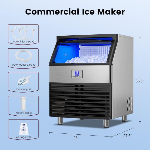 Commercial ice maker with dimensions of 36.6 inches in height, 26 inches in width, and 27.5 inches in depth. Includes accessories such as 2 water inlet pipes, 2 water outlet pipes, 1 ice scoop, 1 water filter, and 100 ice bags, designed for efficient ice production.
