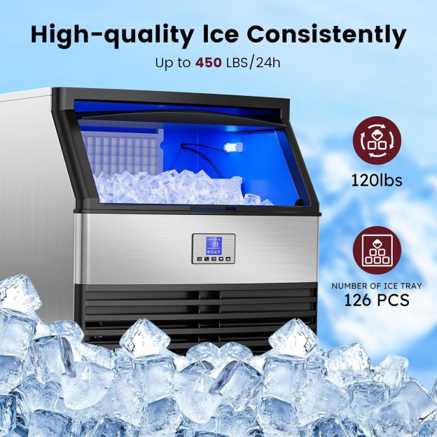 High-quality ice maker, capable of producing up to 450 lbs of ice in 24 hours, with a 120 lbs storage capacity and 126 ice molds, ideal for commercial use, providing a consistent supply of ice.