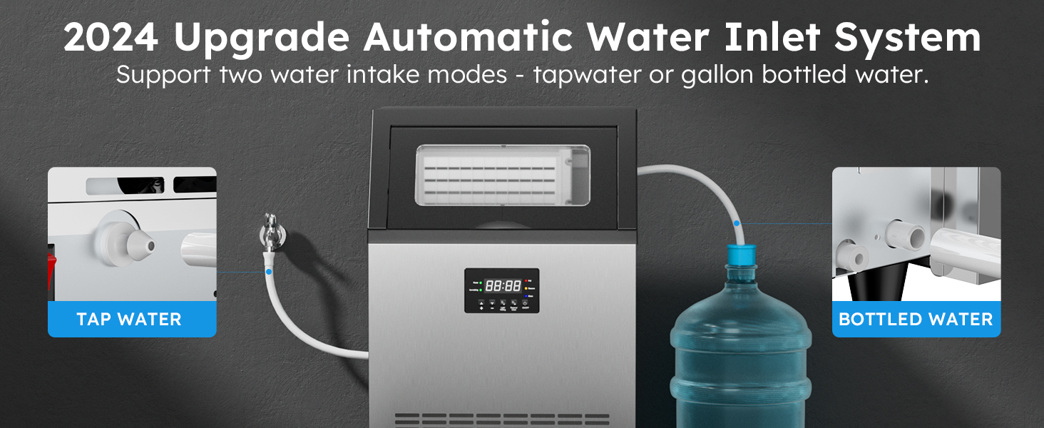 2024 upgraded automatic water inlet system for commercial ice maker, supporting tap water and gallon bottled water intake options.