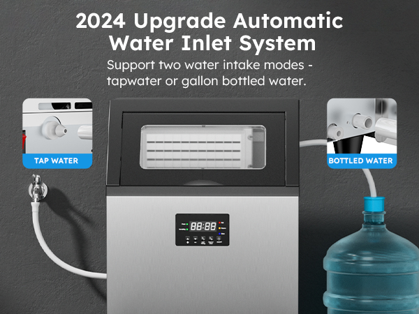 2024 upgraded automatic water inlet system for commercial ice maker, supporting tap water and gallon bottled water intake options.