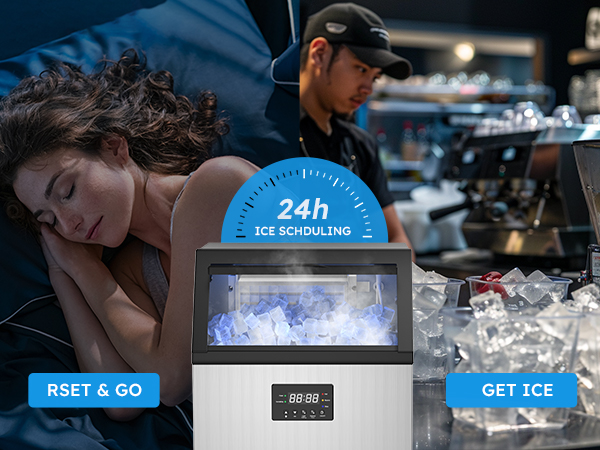 24-hour ice scheduling feature on commercial ice maker, allowing users to set and go, ensuring ice availability anytime, whether at night or during busy hours.