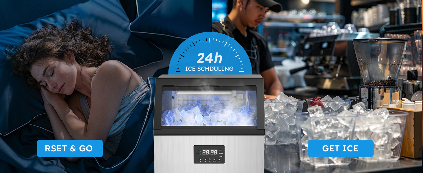 24-hour ice scheduling feature on commercial ice maker, allowing users to set and go, ensuring ice availability anytime, whether at night or during busy hours.