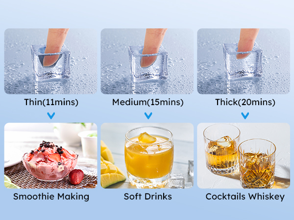 Ice thickness options for commercial ice maker: thin (11 mins) for smoothies, medium (15 mins) for soft drinks, and thick (20 mins) for cocktails/whiskey.