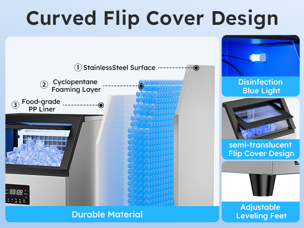 Curved flip cover design with stainless steel surface, cyclopentane foam layer, food-grade PP liner, disinfection blue light, semi-translucent cover, and adjustable leveling feet for durability and hygiene.