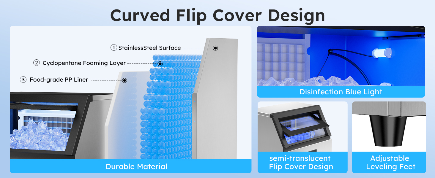 Curved flip cover design with stainless steel surface, cyclopentane foam layer, food-grade PP liner, disinfection blue light, semi-translucent cover, and adjustable leveling feet for durability and hygiene.