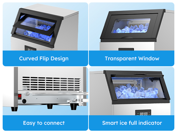 Commercial ice maker with curved flip design, transparent window, easy connection, and smart ice full indicator for convenient monitoring and usage.