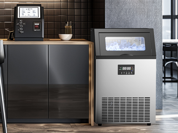 Commercial ice maker in a modern kitchen setup, ideal for providing a reliable supply of ice in both home and professional environments.