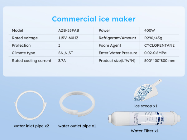 Commercial ice maker model AZB-55FAB with 400W power, R290 refrigerant, cyclopentane foam agent, suitable for various climate types, and includes water inlet/outlet pipes, ice scoop, and water filter.