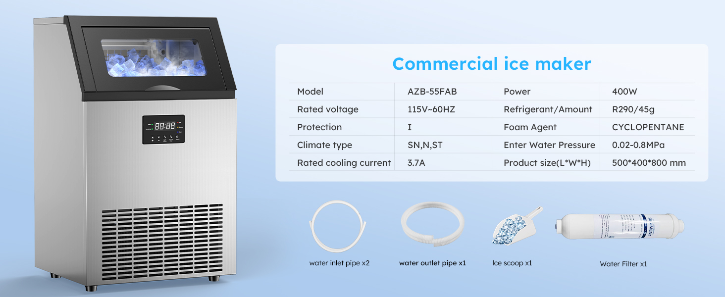 Commercial ice maker model AZB-55FAB with 400W power, R290 refrigerant, cyclopentane foam agent, suitable for various climate types, and includes water inlet/outlet pipes, ice scoop, and water filter.