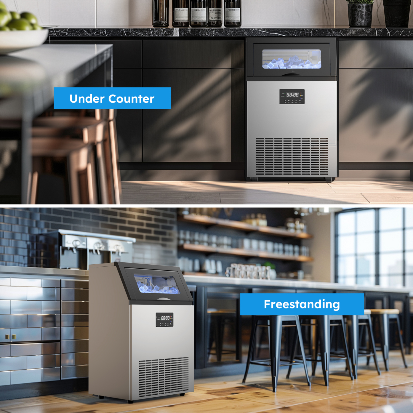 Commercial ice maker shown in two setups: under-counter installation in a modern kitchen and freestanding placement in a coffee shop. The versatile design allows it to be used both as an under-counter and a freestanding unit.