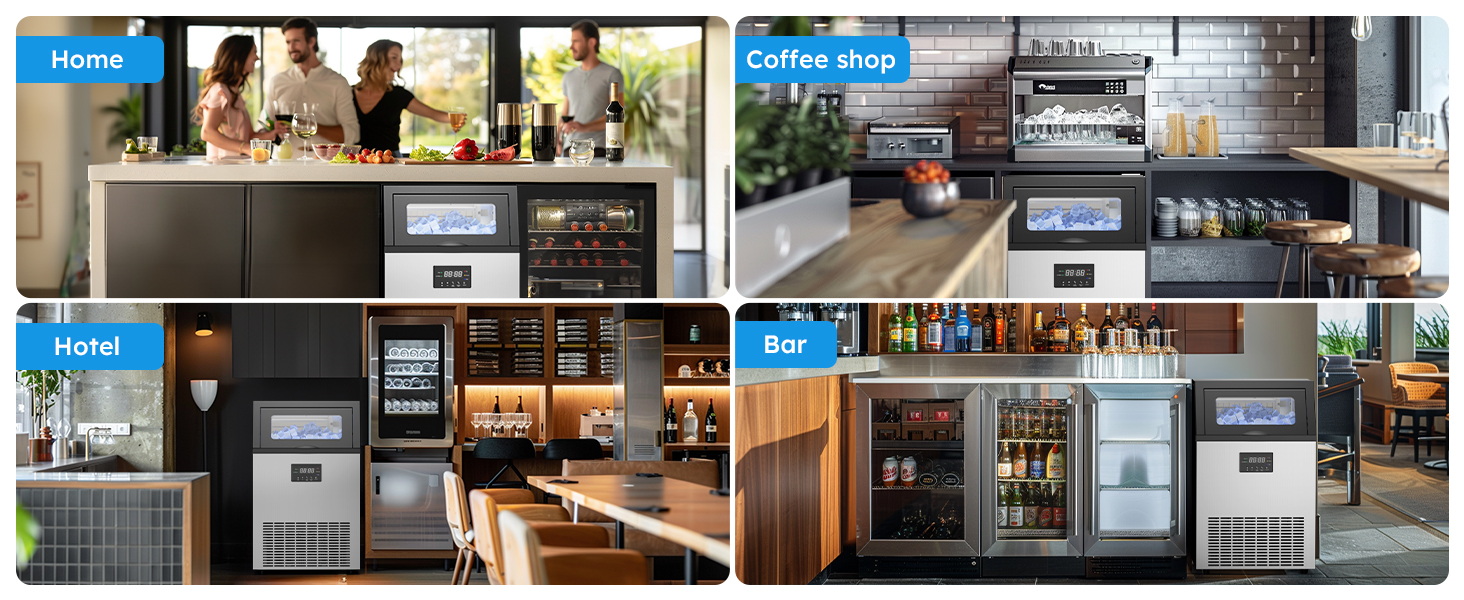 Commercial ice maker used in various settings, including home, coffee shop, hotel, and bar, providing efficient ice production for different environments.