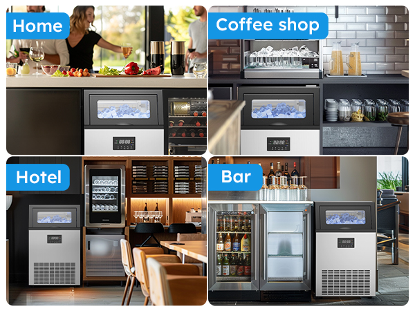 Commercial ice maker used in various settings, including home, coffee shop, hotel, and bar, providing efficient ice production for different environments.