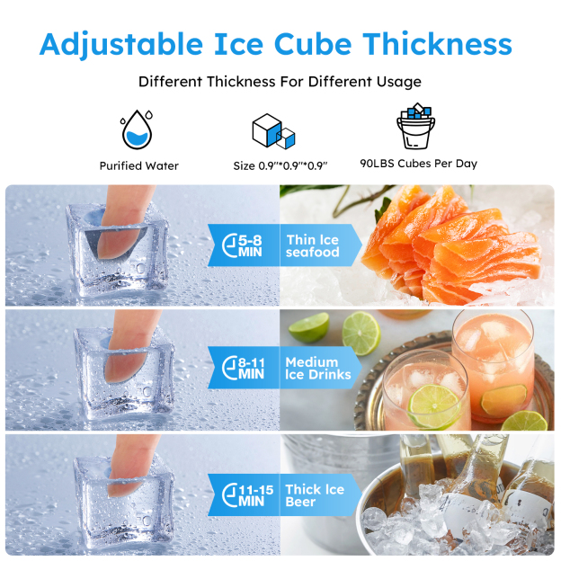 Illustration of adjustable ice cube thickness options for a commercial ice maker. The image shows three thickness levels for different uses: thin ice for seafood (5-8 minutes), medium ice for drinks (8-11 minutes), and thick ice for beer (11-15 minutes). Each cube is 0.9" x 0.9" x 0.9", with purified water recommended, producing up to 90 lbs of ice per day.
