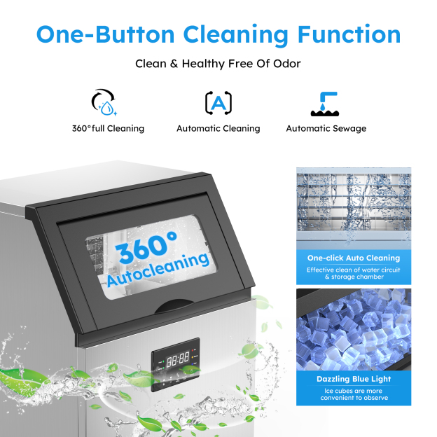 Image showcasing the one-button cleaning function of a commercial ice maker, featuring 360° automatic cleaning, automatic sewage disposal, and blue light sterilization for odor-free, hygienic ice. The "One-click Auto Cleaning" cleans the water circuit and storage chamber, while the blue light enhances ice visibility and quality.
