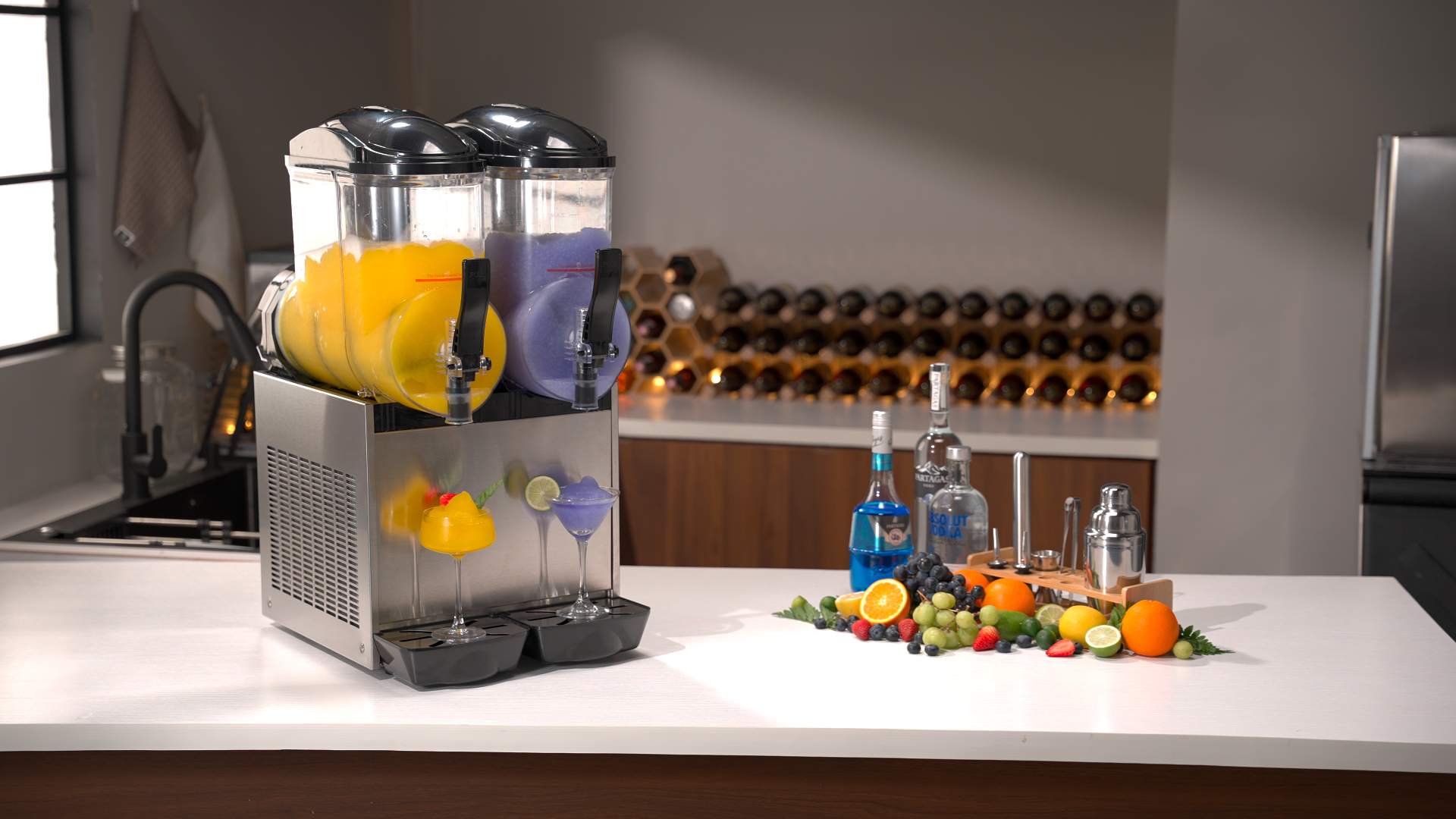 Double bowl commercial slushy machine on a modern café counter with colorful frozen drinks, fresh fruits, and liquor bottles in the background, ideal for restaurants, bars, and shops.