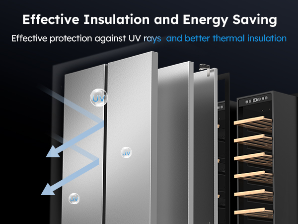 MOJGAR beverage cooler with effective insulation and energy-saving design. Features UV protection to block harmful rays and advanced thermal insulation for better energy efficiency and cooling performance.