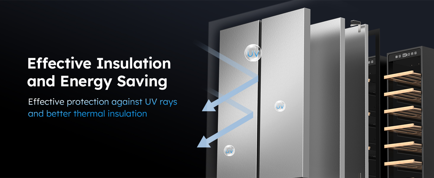 MOJGAR beverage cooler with effective insulation and energy-saving design. Features UV protection to block harmful rays and advanced thermal insulation for better energy efficiency and cooling performance.