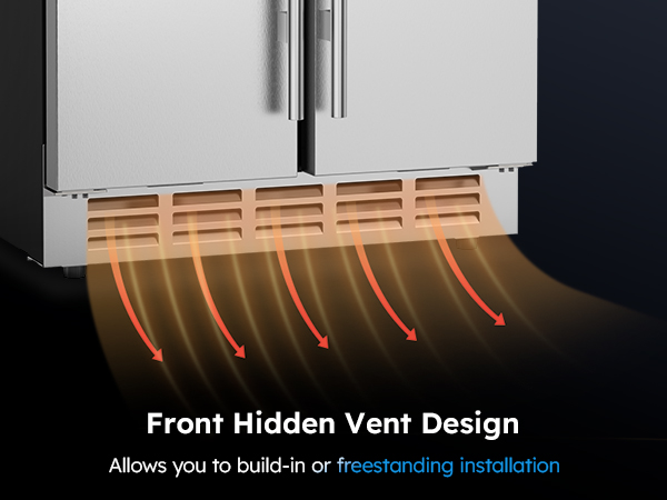 MOJGAR beverage fridge with a front hidden vent design for efficient cooling. Suitable for built-in or freestanding installation, ensuring optimal airflow and versatile placement options.