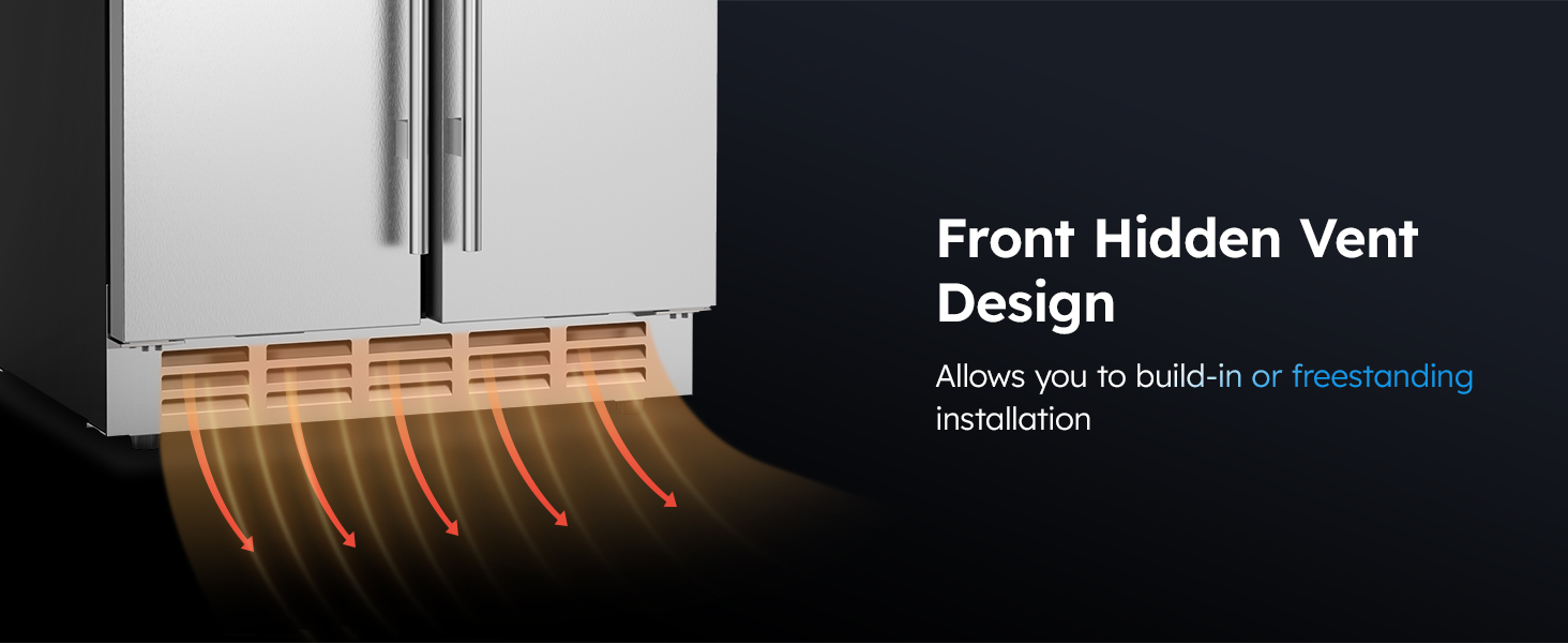 Close-up of MOJGAR beverage cooler with front hidden vent design, allowing for efficient cooling and versatile installation options as a built-in or freestanding appliance.