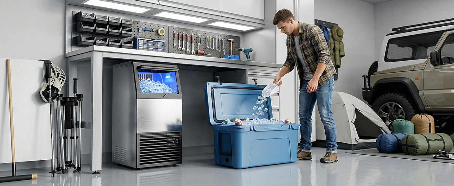 A freestanding ice maker can also support garage bars, coolers, outdoor activities, and weekend hosting.