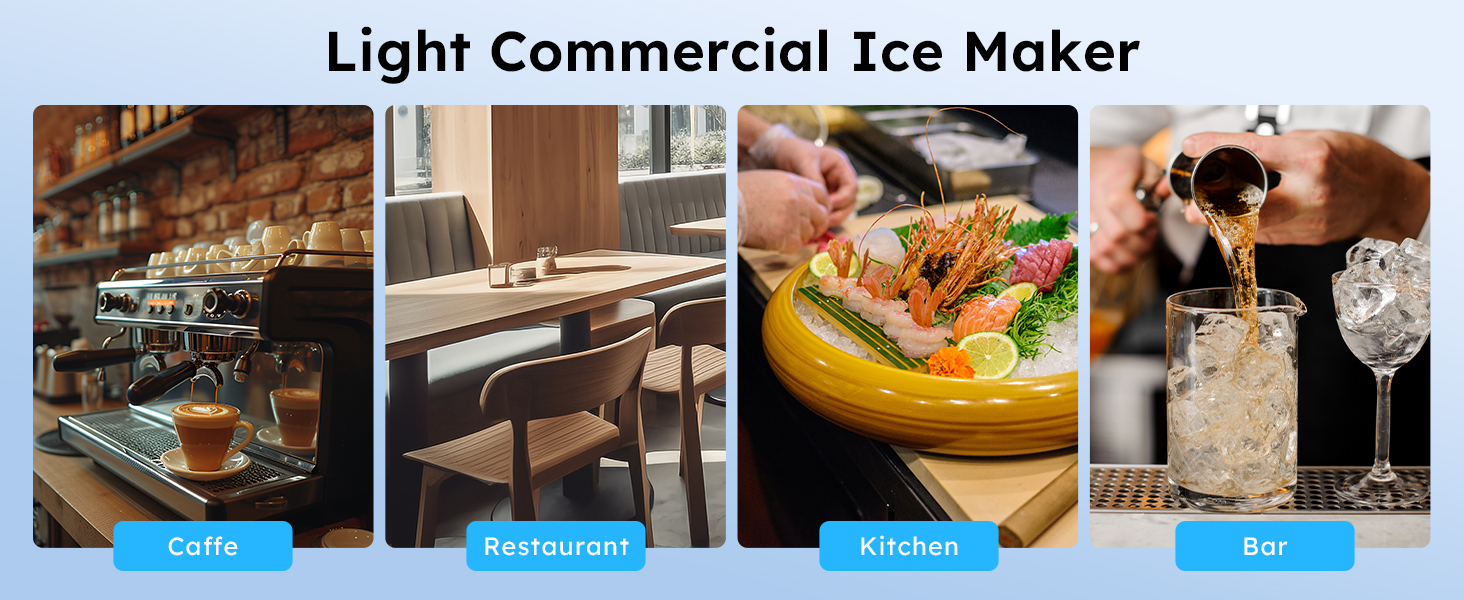 Light commercial ice maker suitable for cafes, restaurants, kitchens, and bars, providing efficient ice production for various business needs.