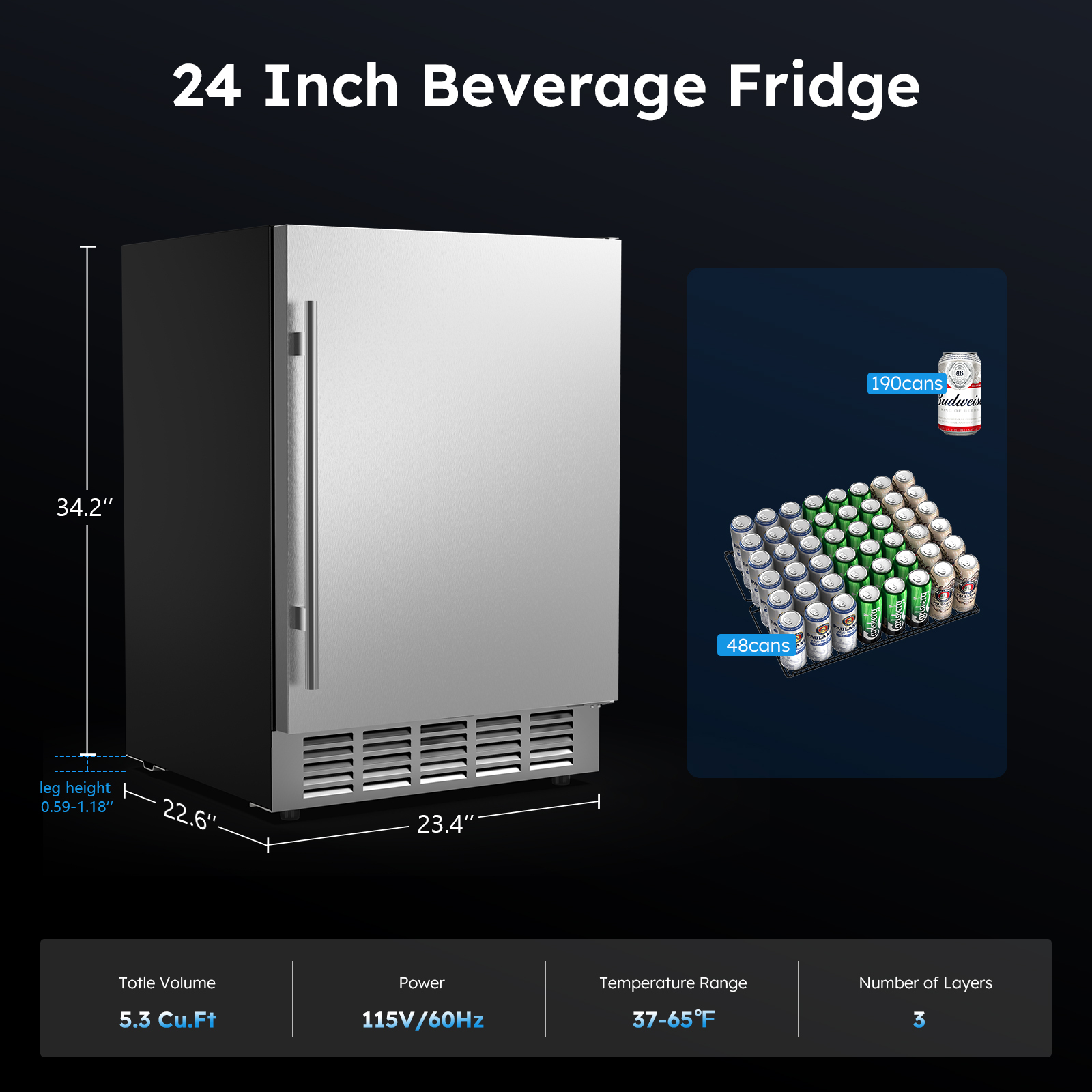 MOJGAR 24-inch beverage fridge with a 5.3 cu. ft. capacity, capable of holding 190 cans, featuring adjustable shelves, precise temperature range (37-65°F), and dimensions ideal for built-in or freestanding use.