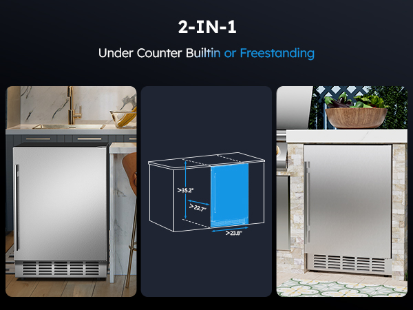 MOJGAR 24-inch beverage fridge shown in built-in and freestanding installation options. Dimensions included for under-counter fit, offering flexible placement for kitchens, patios, and outdoor settings.