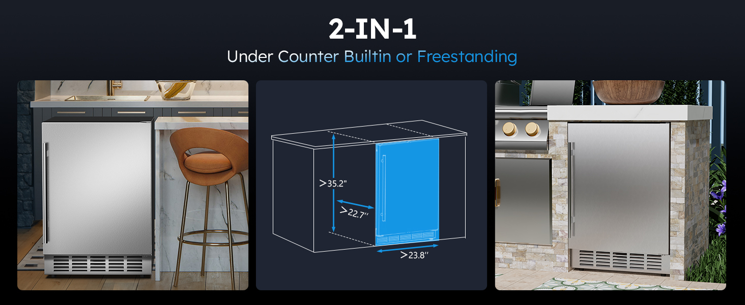 MOJGAR 24-inch beverage fridge shown in built-in and freestanding installation options. Dimensions included for under-counter fit, offering flexible placement for kitchens, patios, and outdoor settings.