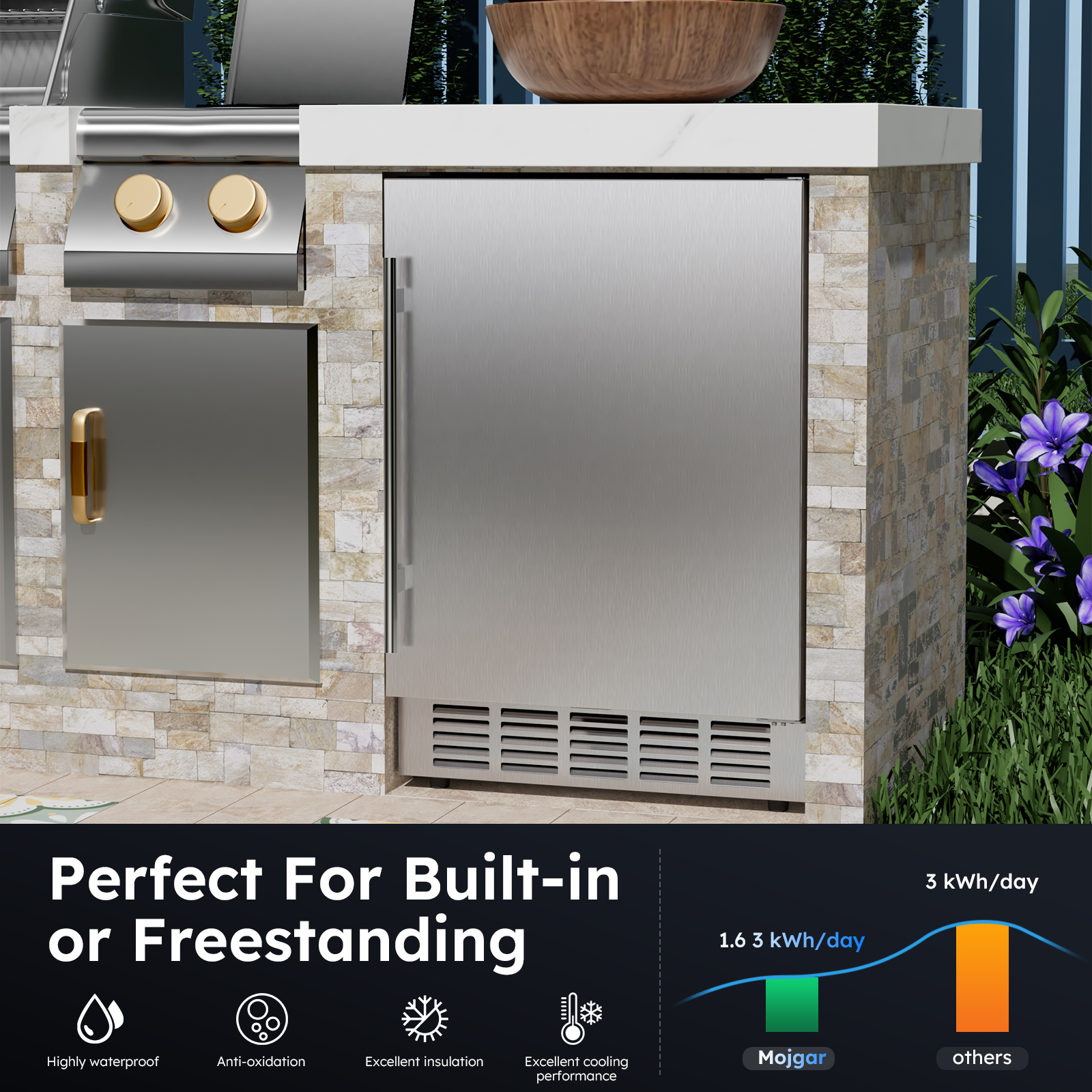 MOJGAR stainless steel beverage fridge installed in an outdoor kitchen, ideal for built-in or freestanding use, featuring waterproof, anti-oxidation, excellent insulation, and energy-efficient cooling.