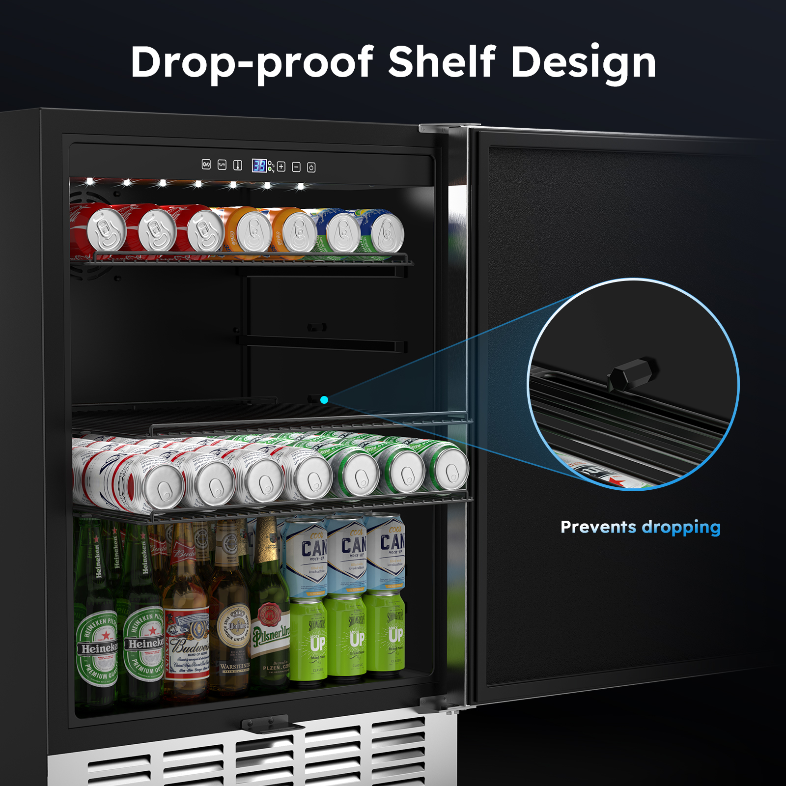 MOJGAR beverage fridge with drop-proof shelf design, showcasing secure, anti-drop shelving to prevent bottles and cans from falling, ensuring safe and organized storage.