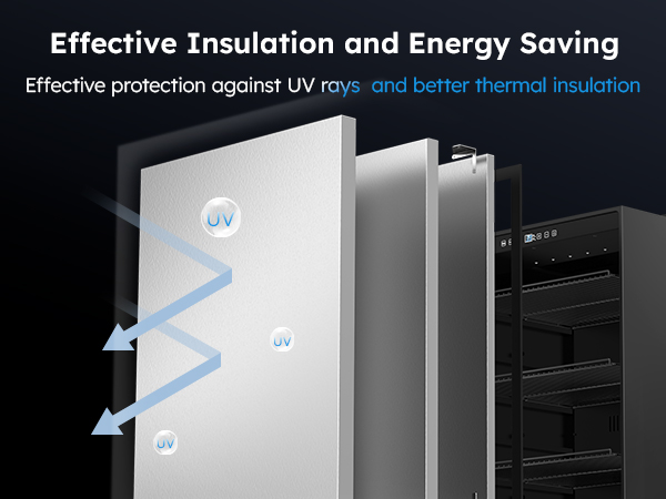MOJGAR beverage fridge featuring an insulated foam door with UV protection. Demonstrates enhanced thermal insulation and energy-saving design to maintain stable cooling and protect beverages.