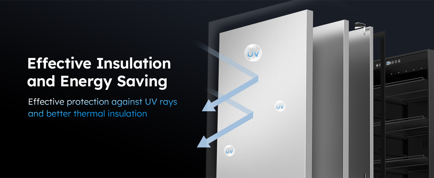 MOJGAR beverage fridge featuring an insulated foam door with UV protection. Demonstrates enhanced thermal insulation and energy-saving design to maintain stable cooling and protect beverages.